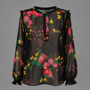 Cabi Woman Medium Thespian Black Floral Sheer Ruffle Trim Blouse.